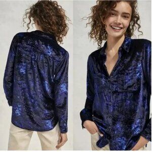 PILCRO ANTHROPOLOGIE Mara Buttondown Velvet Shirt in Blue Motif Size 10